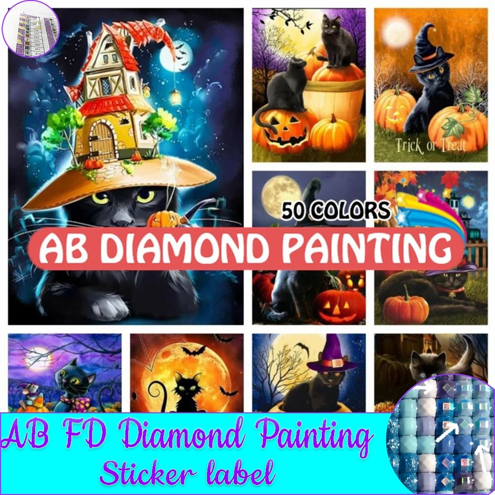 Halloween AB Drill Embroidery Full Square Round 50 Colors Animal 5D Diamond Painting Cat Mosaic Hobby Rhinestones Home Decor