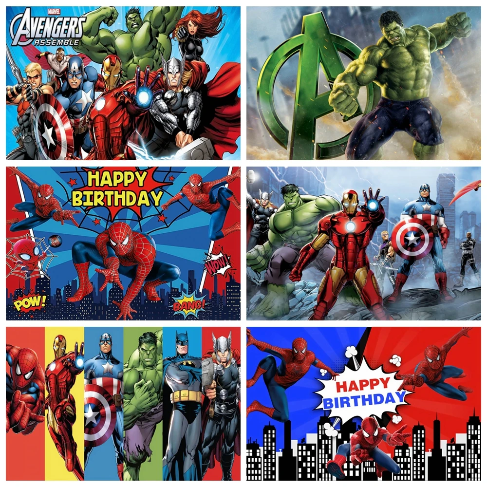 

Marvel Themed Kids Birthday Party Banner Superhero Studio Decorations Thor Captain America Iron Man Hulk Black Widow Background