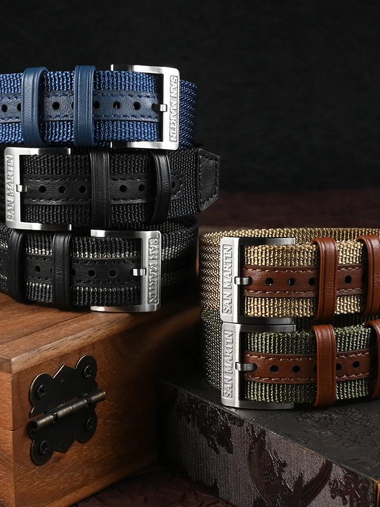 San Martin 20mm High Density Premium Nylon Watchband For Watch With Lug Width Solid Steel Pin Buckle Retro Leather Loops SN0105 - Image 6