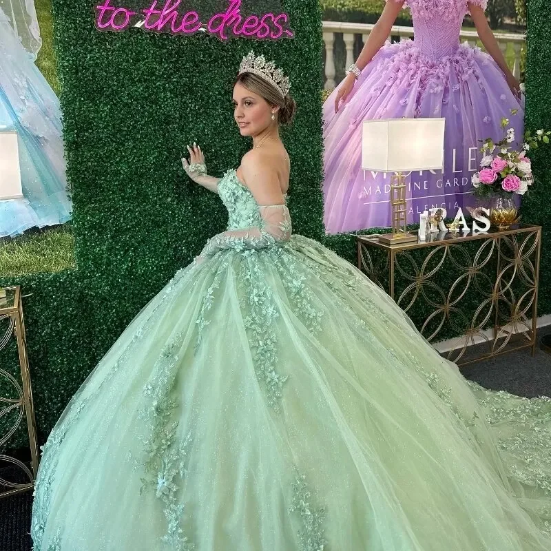 Angelsbridep salvia verde 3D fiori Appliques floreali pizzo abiti Quinceanera abito da ballo di lusso corsetto Vestidos De XV 15 Anos nuovo