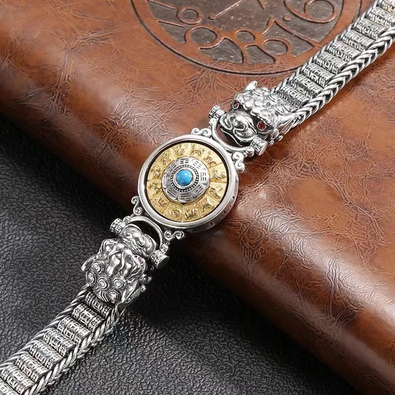 S925 Sterling Silver Rotatable Bagua Bracelet for Men Hand Braided Chain Carved Elephant Head Inlaid Turquoise Retro Jewelry