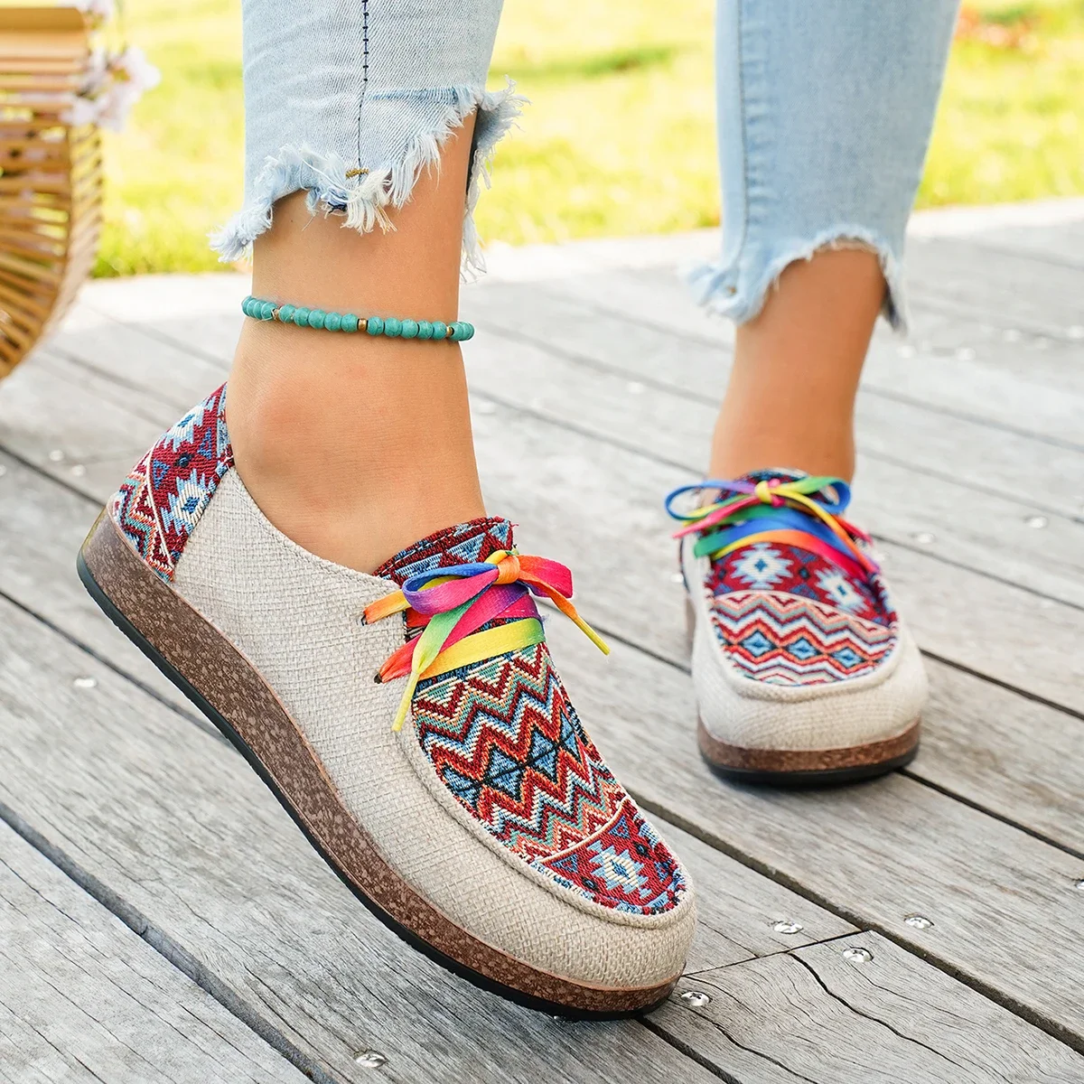 Women's Mixed colors linen Lace-Up Shoes Fashion casual sneakers Woman Comfortable lightweight Cloth flat Shoes Zapatos De Mujer - view 6