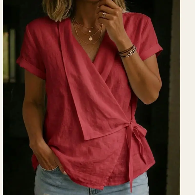 2026 New Cotton Linen Button V-Neck Tie-up T-Shirt Short Sleeve Loose Women'S Shirt Casual Tops Summer Women Thin Shirt Coat