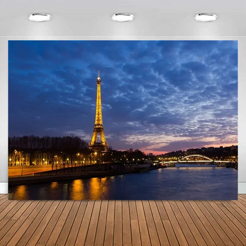 Travel Nightscape Backdrop Photography Background French Paris Eiffel Tower River Sky Lover Adult Kid Artistic Banner Decoration