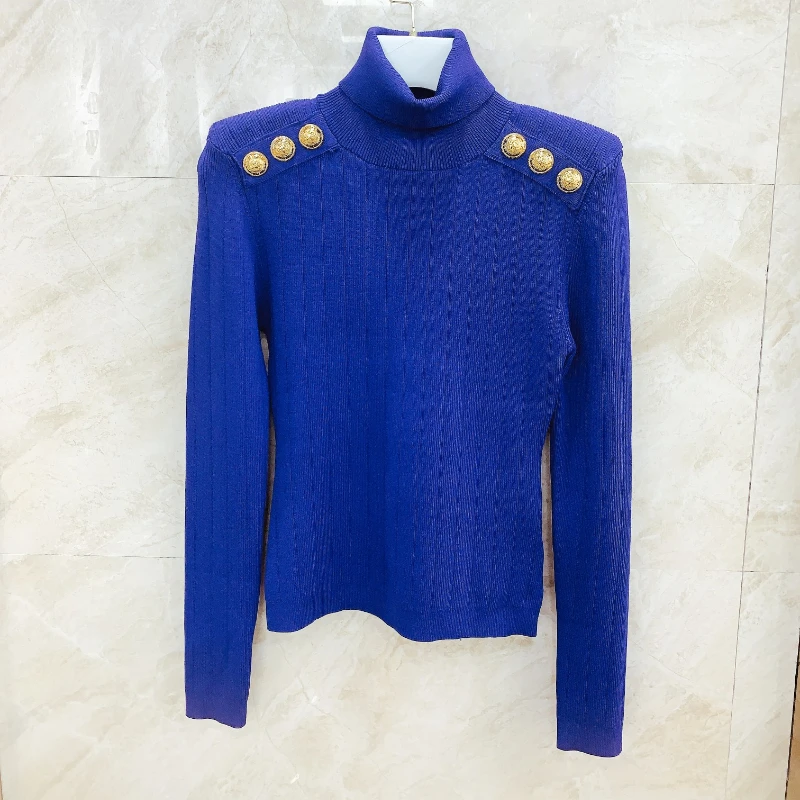 2023 New Autumn Turtleneck Slim Fit Black Blue White Office Lady Golden Button Long Sleeve Sweaters