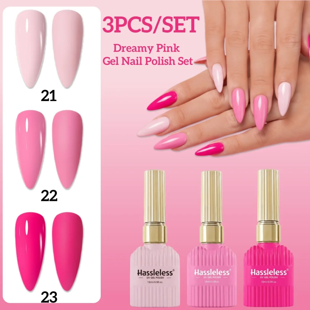 Hassleless Vibrant Pink Nail Polish Gel Set 3Pcs, Popular Pink Series Nail Polish Gel, Dragon Fruit Glitter Nail Polish Gel, Bright and Eye-Catching Nail Colors, Trendy Glossy DIY Nail Art Kit