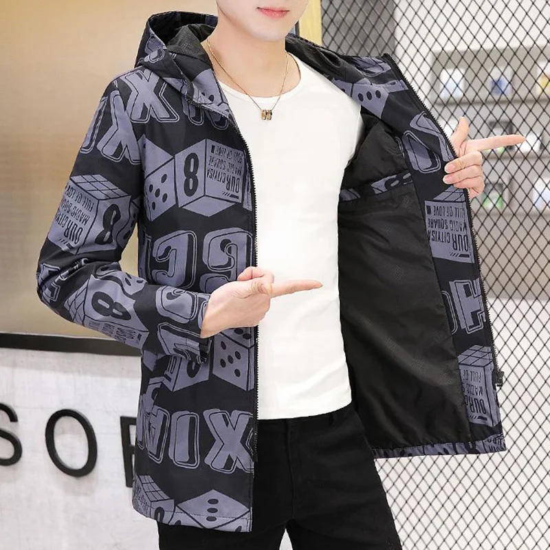 Fashion Hooded Spliced Zipper All-match Printed Coats Men's Clothing 2023 Autumn New Oversized Casual Tops Loose Korean Jackets