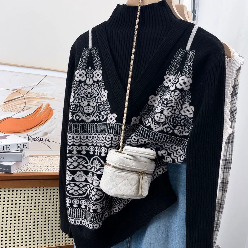 Fake Two-piece Contrasting Color Jacquard Sweater Bottoming Shirt Women Autumn Winter Half Turtleneck Temperament Knitted Top