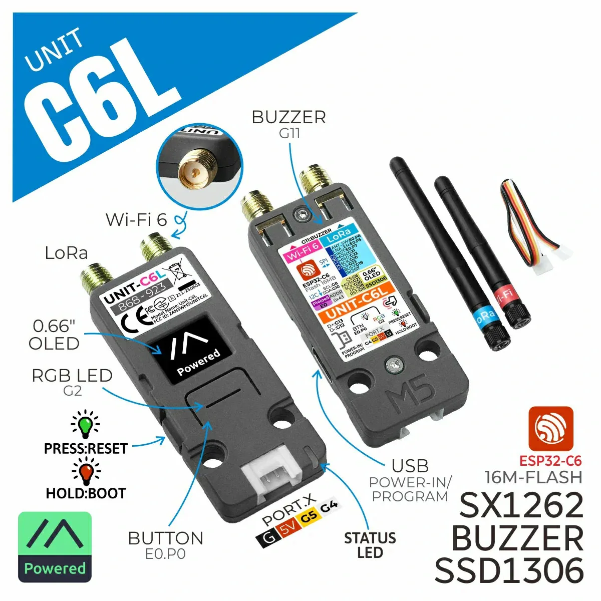 M5Stack Unit C6L LoRa Communication Module ESP32-C6 SX1262 WiFi 6 0.66 Inch OLED Display RGB LED 868~923 MHz Long Range Wireless