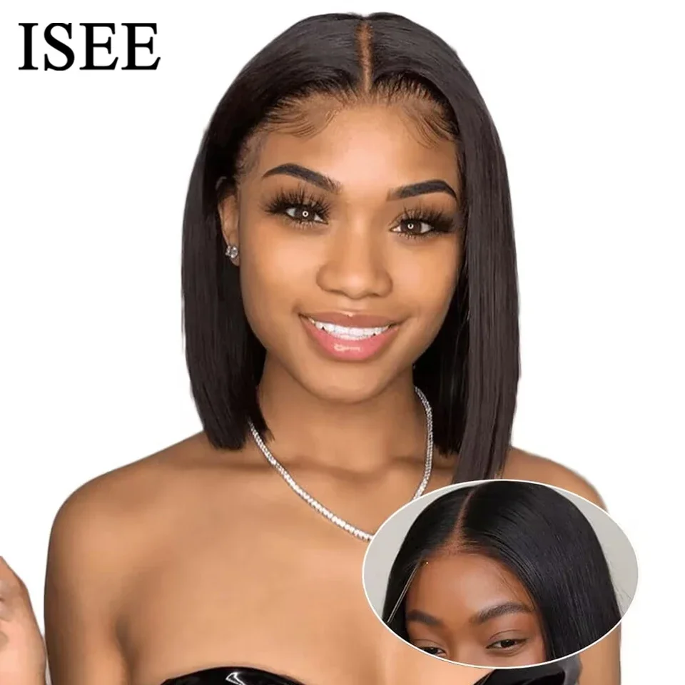 Straight Short Bob Wear And Go Glueless Human Hair Wig Bob HD Lace 4x4 Lace Frontal Pre Plucked Human Wigs Ready To Go ISEE HAIR