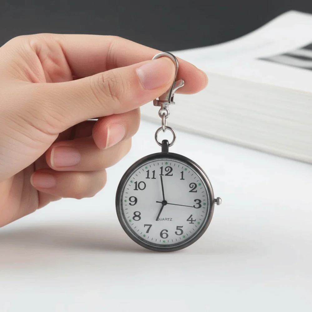 Glow in Dark Luminous Pocket Watch Big Numbers Quartz Movement Key Chain Fob Clock Lightweight Compact Size Student Exam Timer