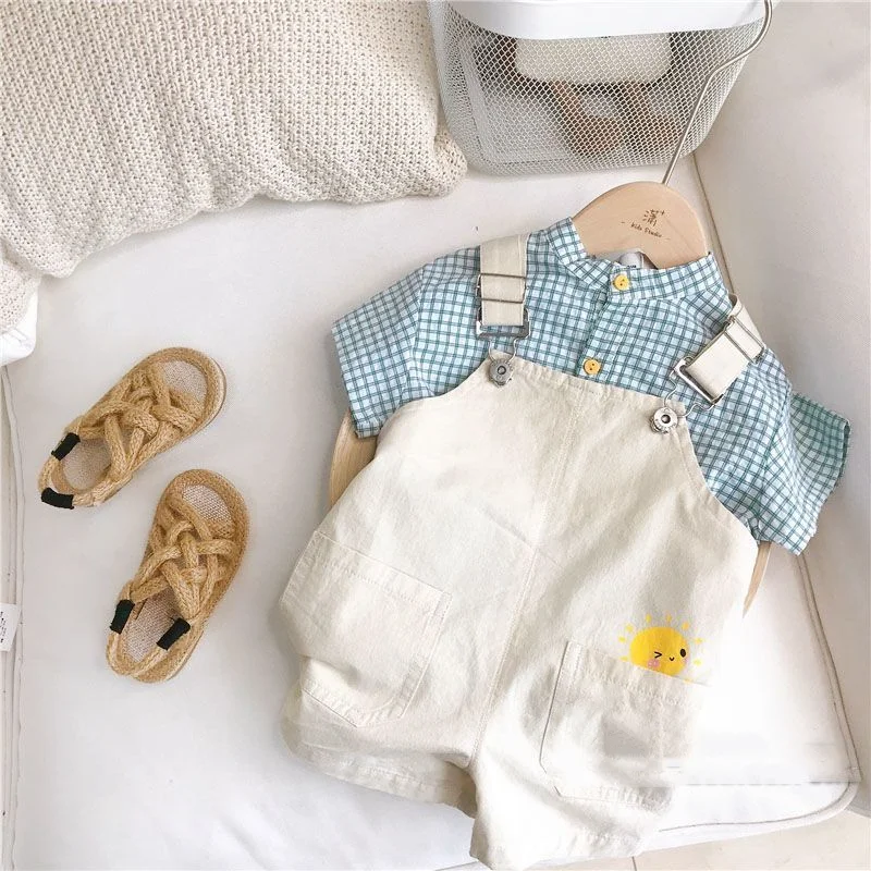 

Summer Korean Version Fashion Casual Thin Plaid Printed Top Solid Color Korean Version Simplicity Loose Rompers Children's Sets