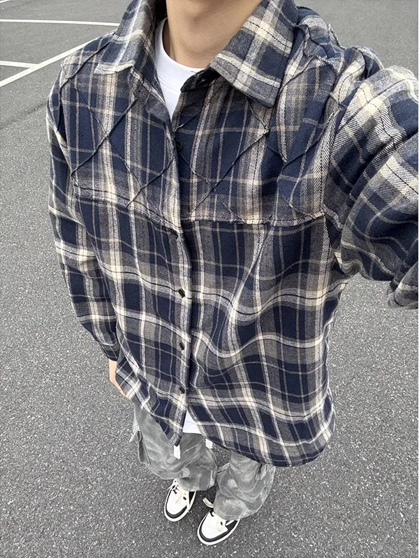 

Blue Plaid Long Sleeve Loose Fit Men's Shirt Spring Lazy Style Trendy Brand Cleanfi Outerwear Garment Youth Casual Wear