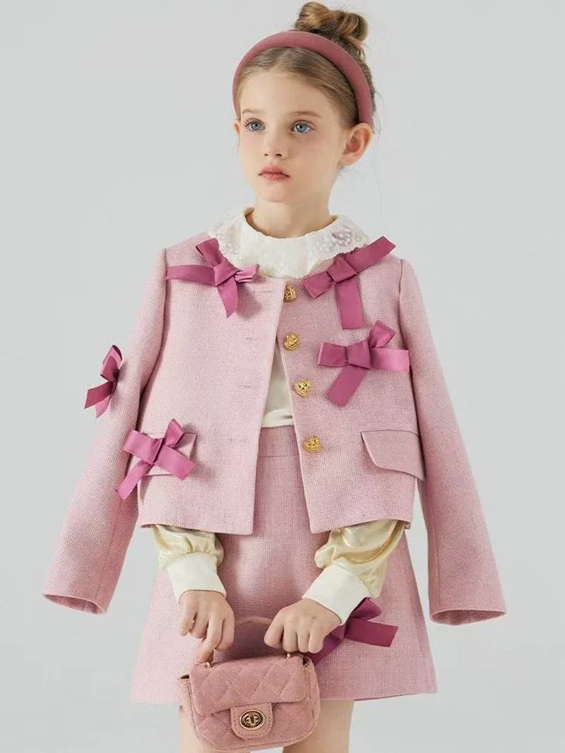 

2025 New Sweet Pink Bow Girls' Small Fragrant Style Middle and Large Children's Fashion Jacket+Short Skirt Two Piece Set