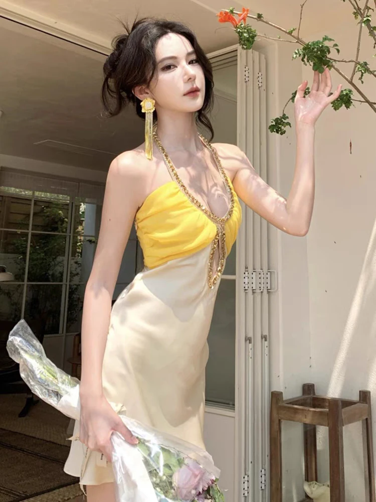 RORORIRI Abito sexy con scollo all'americana con diamanti ritagliati Fasciatura da donna con spalle scoperte Desiderio Mini abito a contrasto senza schienale Abiti da festa di compleanno