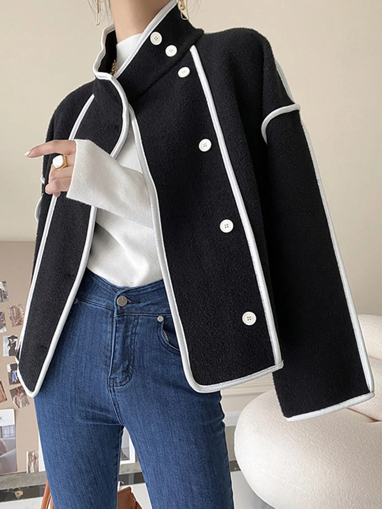 UCXQ High Quality Stand Collar Contrast Color Pearl Velvet Cropped Coats Autumn Winter New Casual Cardigans Jackets Tide AB3264