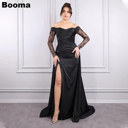 Booma Black Elegant Mermaid Evening Dresses Off Shoulder Lace Sleeves Formal Occasion Gowns for Women Leg Slit Long Prom Dress