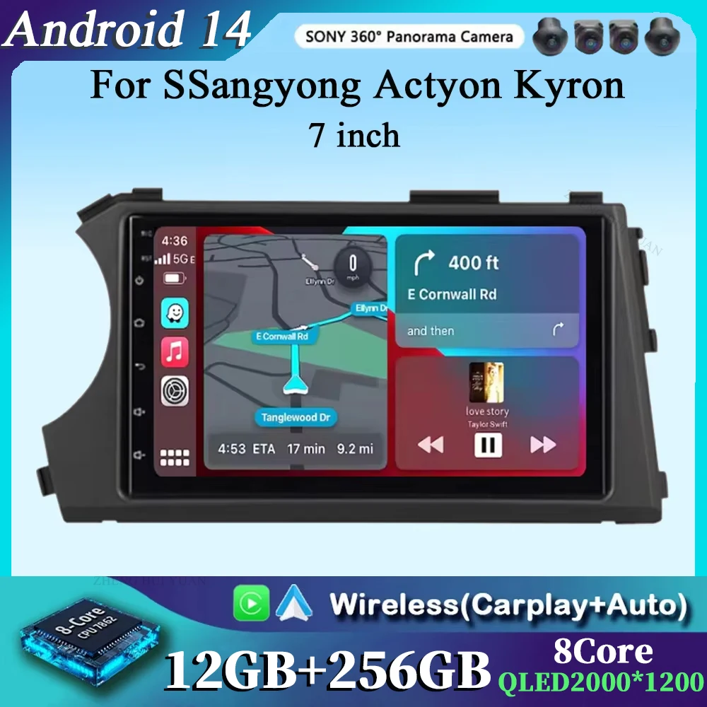 タッチスクリーン付きカーラジオ,マルチメディアプレーヤー,ビデオプレーヤー,GPSナビゲーション,CarPlayセントラルユニット,Android 14,HD, 7インチ,ssangyong actyon kyron