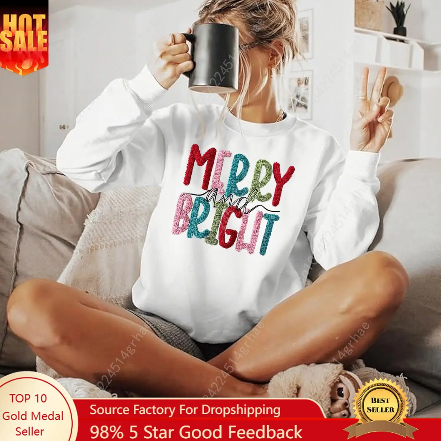 

Christmas Sweatshirt Women Merry And Bright Christmas Pullover Shirt Novelty Chenille Patch Xmas Gift Holiday Top