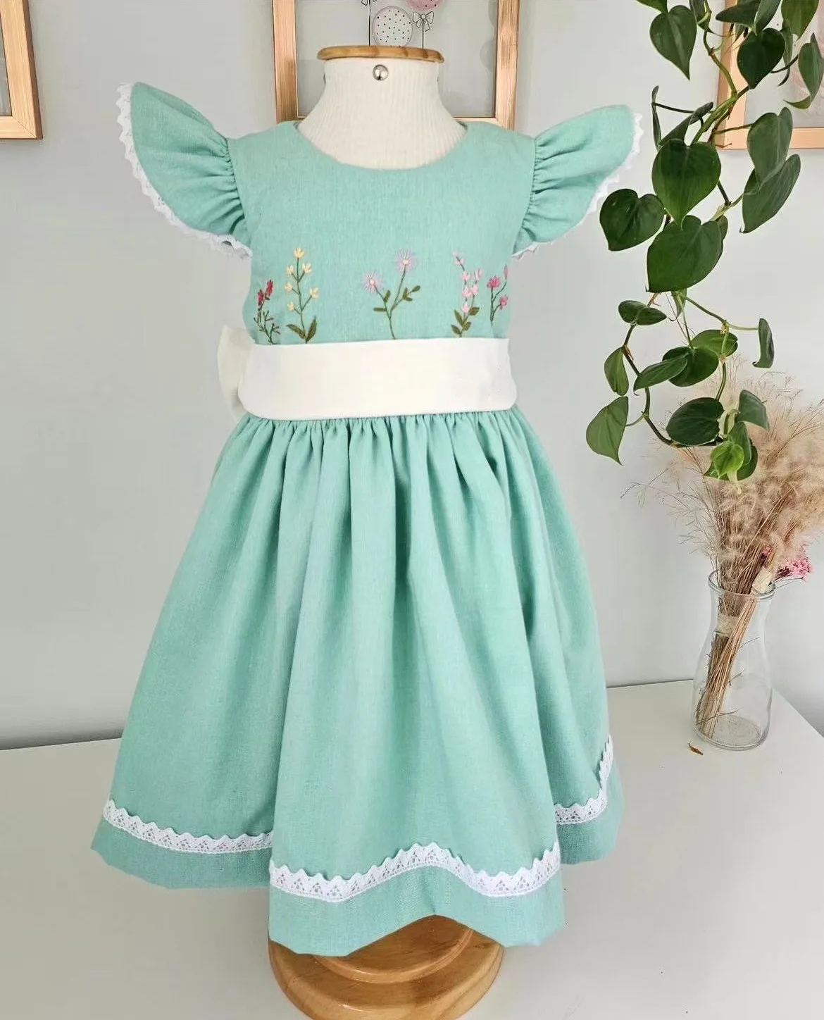 0-12Y Baby Girl Summer Green Handmade Embroidery Turkish Vintage Princess Dress for Birthday Holiday Easter Photography Eid