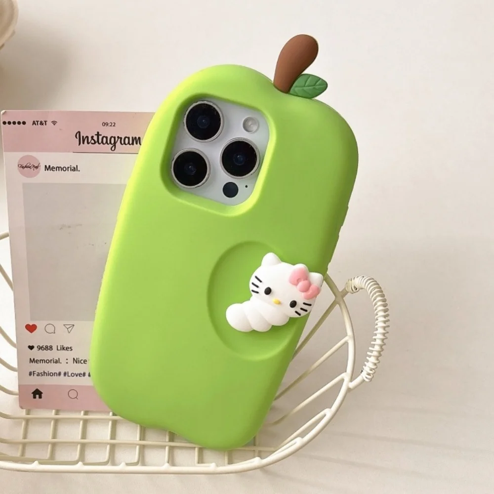 

3D Cartoon Green Apple Hello Kitty Phone Case For iPhone 16 15 14 13 Pro Max With Lanyard Kawaii Soft Silicone Anit-fall Cover