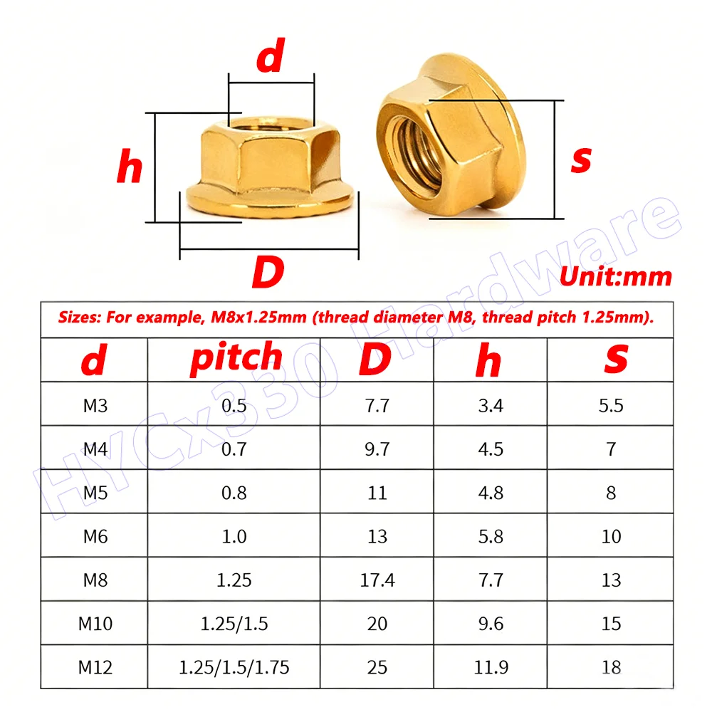 304 Stainless Steel Serrated Hex Flange Nut, M3-M12, Vacuum Plated in Titanium Blue/Gold, for Motorcycle & Bicycle