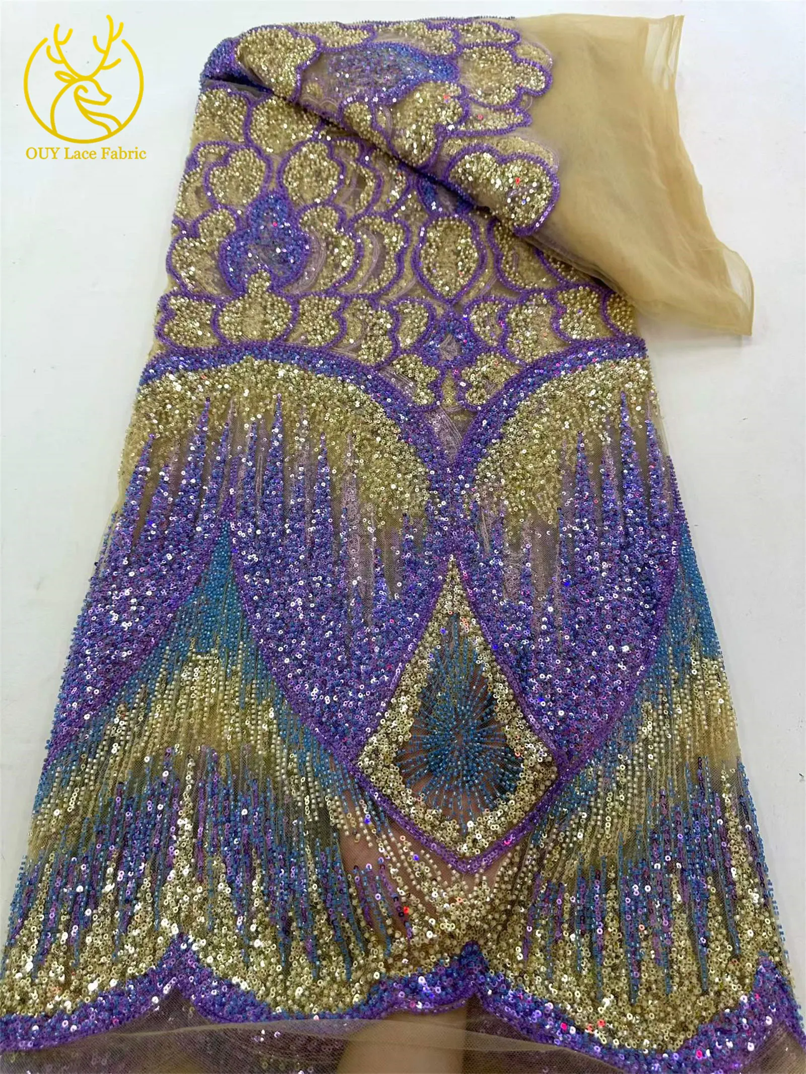 Luxury African Sequins Lace Fabric 2026 High Quality Nigerian French Groom Heavy Beaded For Sewing Wedding Party Dress 5 Yards