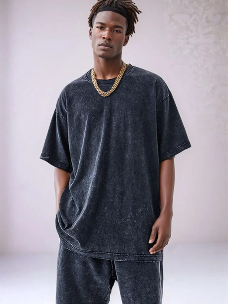 230G Cotton Retro T-shirt Drop-shoulder Sleeve Men Women Vintage Short-sleeve T Shirts Solid Color Hip Hop Loose Tees