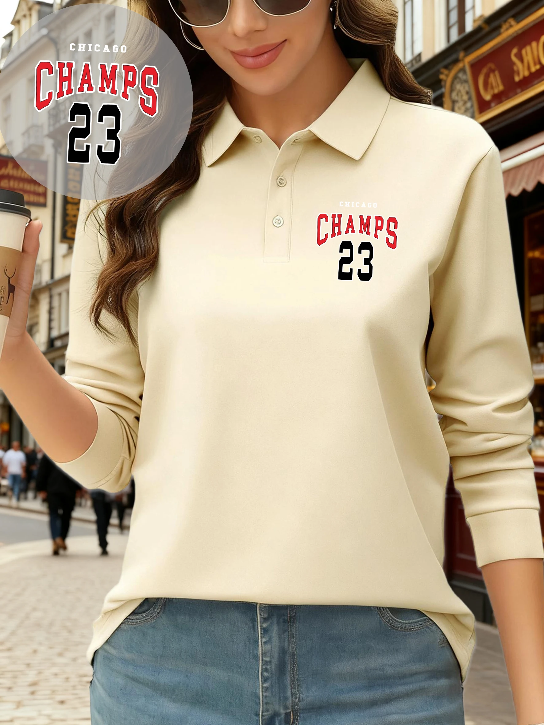 

Chicago 23 Achieved Success Pattern Tee Shirt Woman Business Culture Polo Shirts Lapel Casual T-Shirt Fleece Autumn Long Sleeve