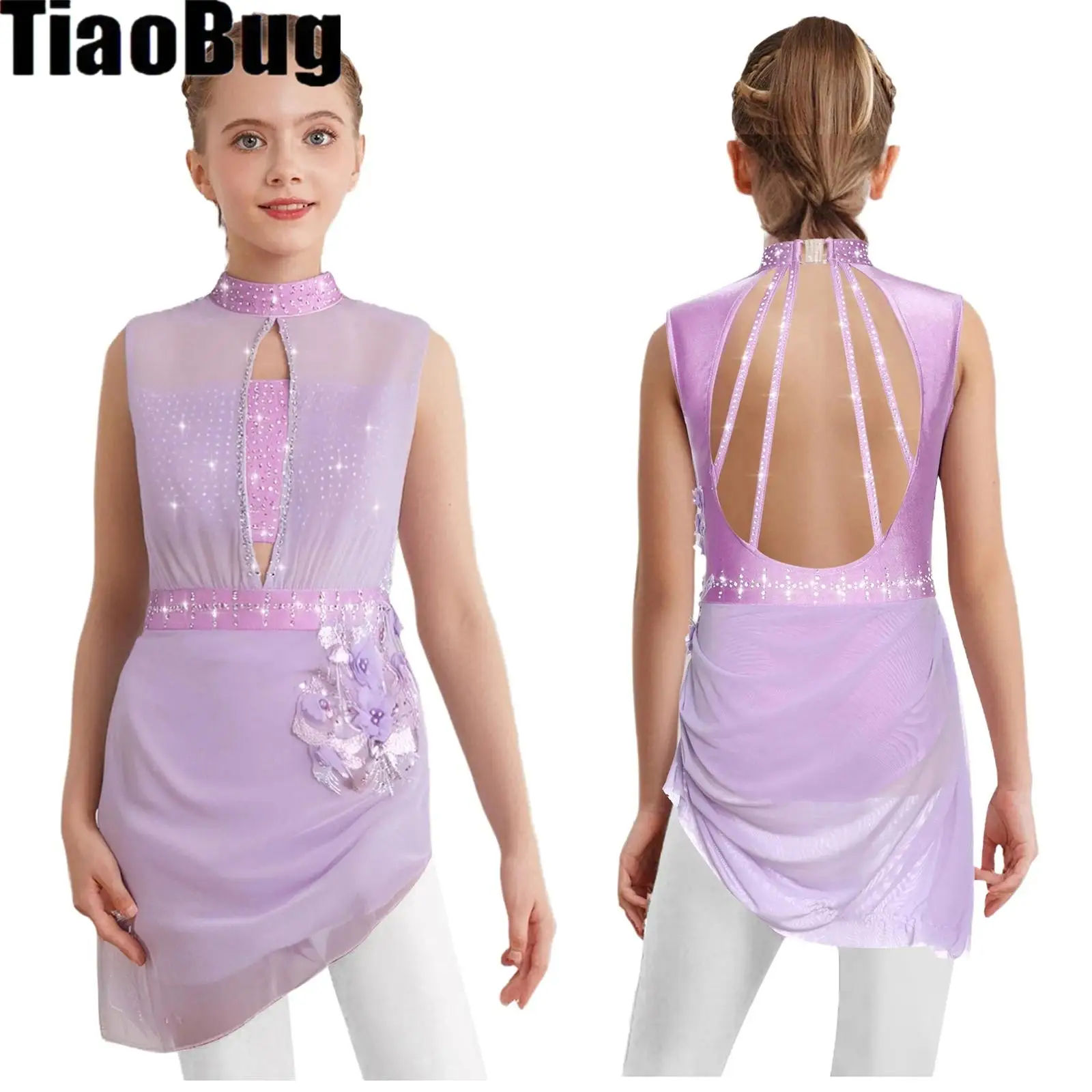 

Teen Girls Figure Skating Ballet Dance Dress Sleeveless Sheer Mesh Gymnastics Leotard Dress Shiny Rhinestones Lyrical Dancewear