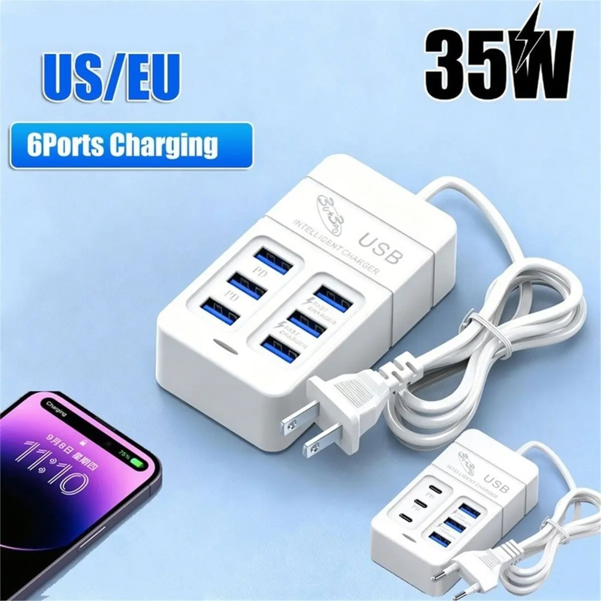 6 Ports Multiport USB Docking Station PD Type-C Mobile Phone Fast Chargin Quick Type C Hub Adapter EU Plug