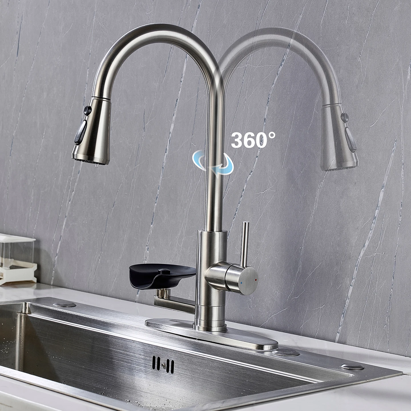 Kitchen Pull Out Faucet With Cup Washer Modern One Handle Kitchen Sink Faucet 3 Function Rotatable 360° Sink Faucet Chrome