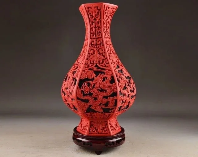 SUPERB CHINESE OLD HANDWORK WONDERFUL LACQUER CARVING DRAGON VASE COLLECTIBLES