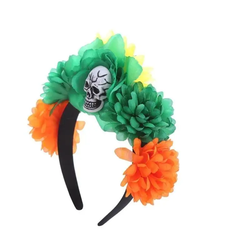 652F Scary Skeleton Headband Costume Cosplay Accessories Skull Headdress with Black Rose Party Wear Gift for Boys Girls