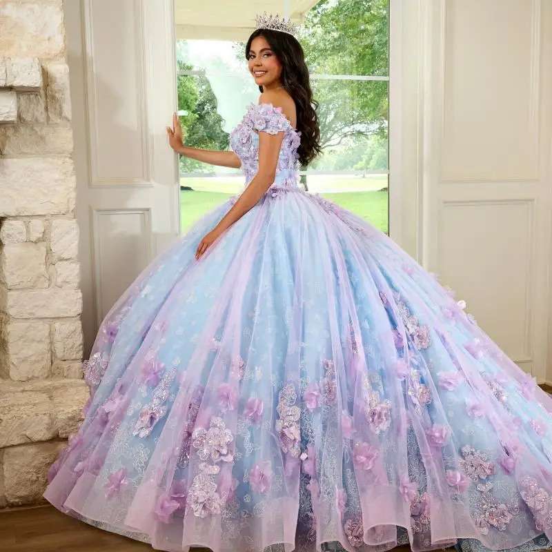 맞춤형 라벤더 퍼플 v 넥 Quinceanera 드레스 Tull applique 3D 꽃 레이스 레이어링 vestidos de 15 Quinceanera ﻿