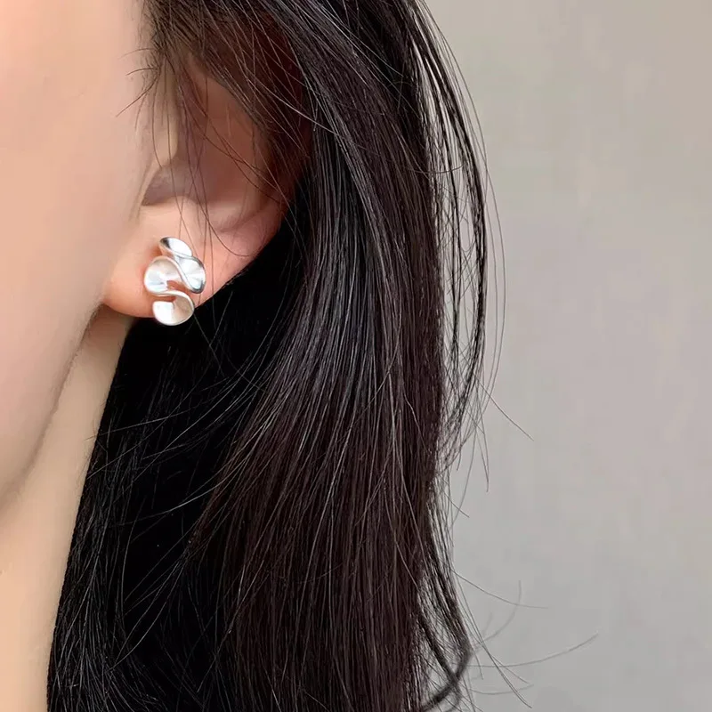 Trendy Personality Sterling Silver Metal Matte Frosted Irregular Wave Stud Earrings for Women Korean Jewelry Accessories Gifts