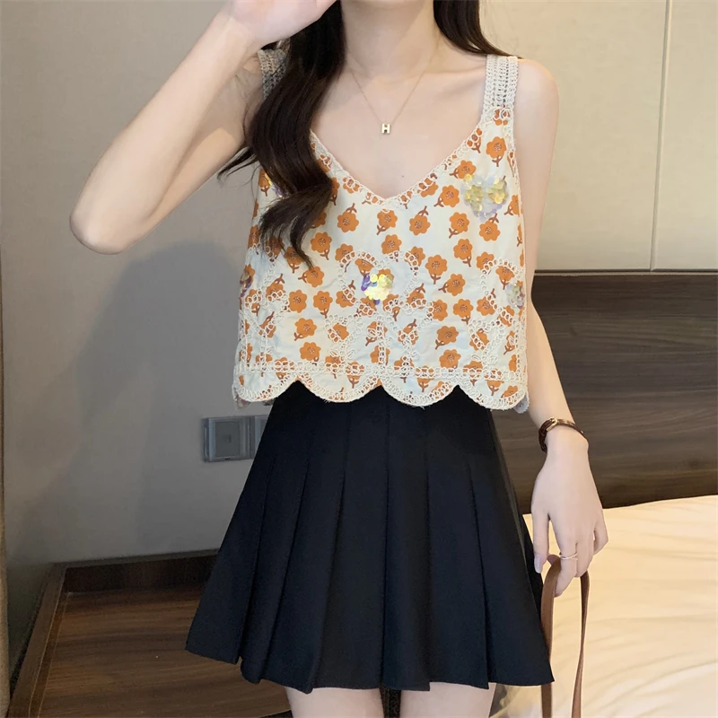 Langweilig Honig Saum Welle Lose Ärmellose Camis Sommer Mode Sexy Crop Top Voll Gedruckt Blumen V-ausschnitt Dünne Alle-spiel Top Frauen