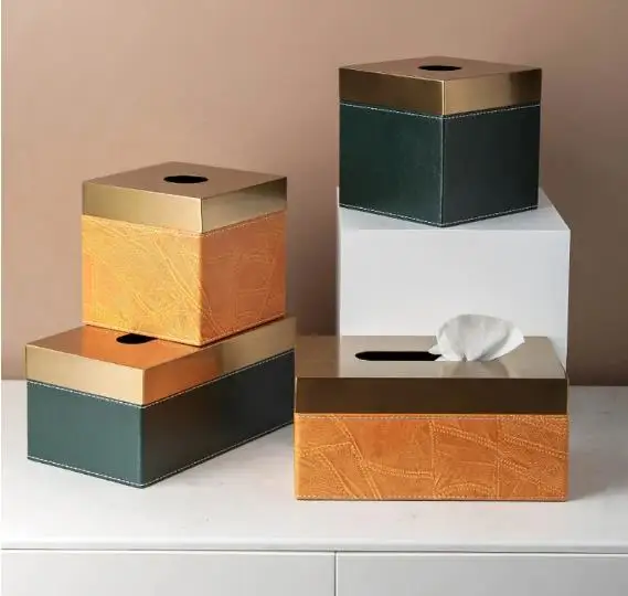 

Square Rectangle Leather Tissue Box Metal Cover Napkin Holder Desktop Paper Storage Boxes Towel Rack