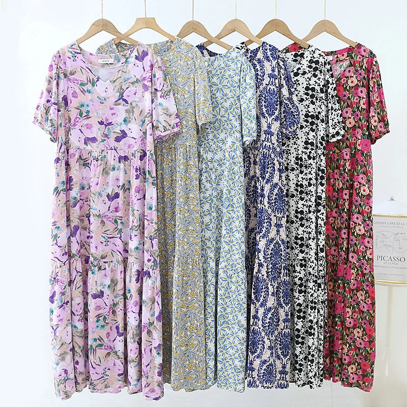 

Vintage Printed Cotton Nightgowns Women Oversized Short Sleeve Summer Sleepwear Dress Ladies Lounge Home Wear Nightdress