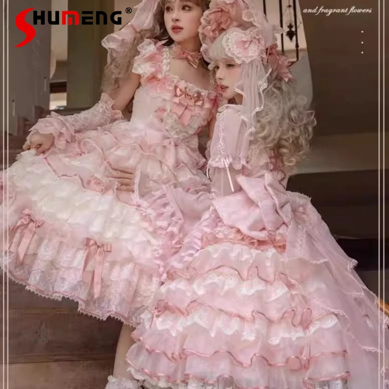 

Sweet Flower Wedding Dress Girls Cute Bow Slim-Fit Elegant Pink Princess Dress Op Lolita Fairy Dresses Long Sleeve Inner Shirt