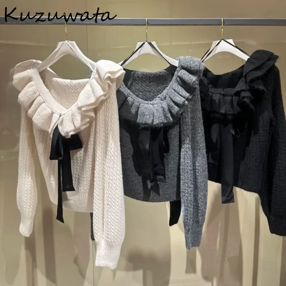 Kuzuwata Luxury Slash Neck Exquisite Lantern Sleeve Knitted Ruffles Socialite Style Preppy Twists Pull Femme Japan Sweet Bow Top