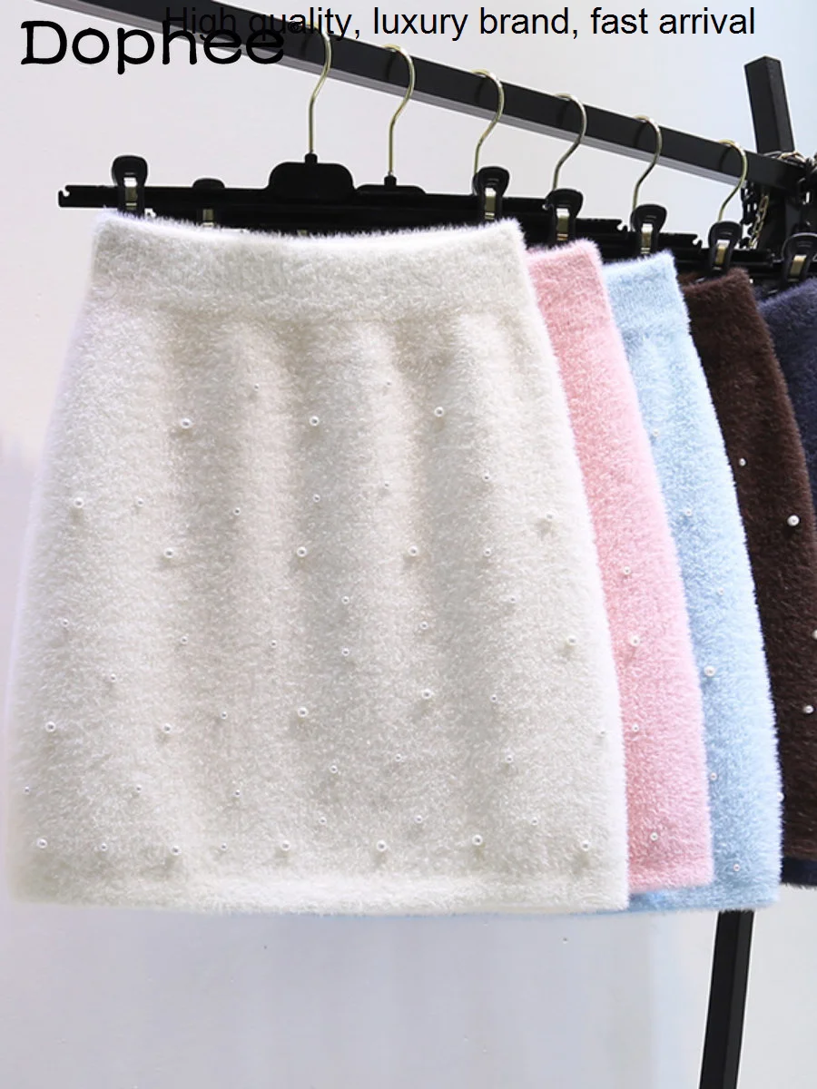 

Thick White High-End Mink Fur Beaded Sheath Short for Women's Faldas Autumn and Winter High Waist Plush A- Line Mini Skirt