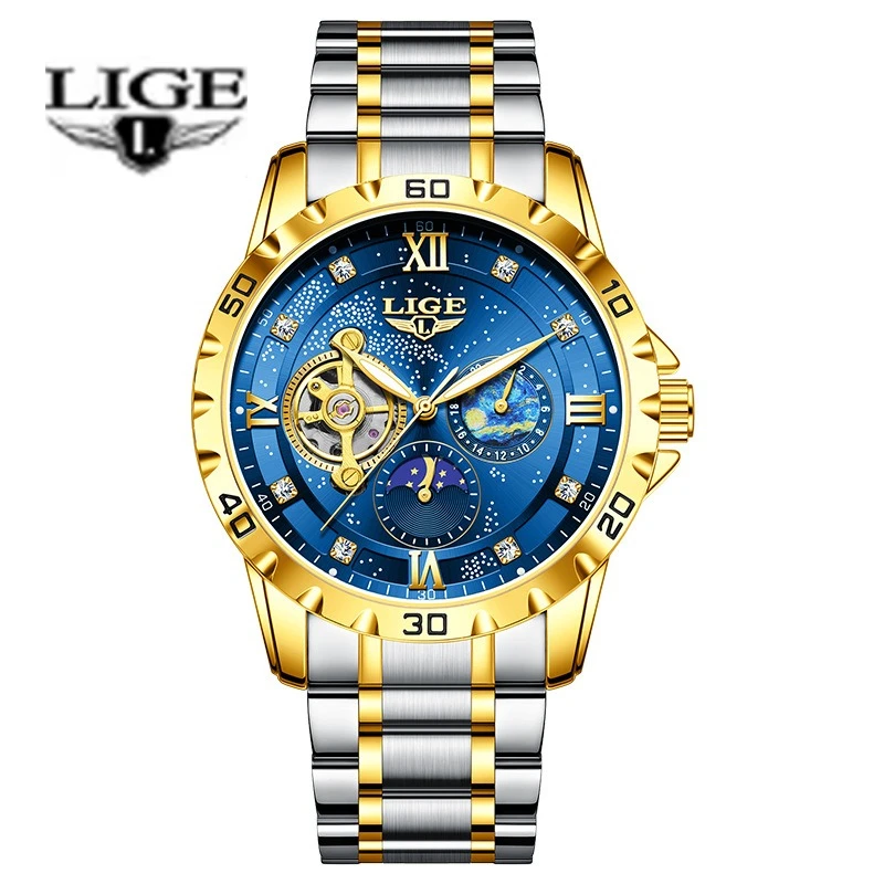 LIGE Men Quartz Watch, Starry Sky Moon Phase Hollow Dial, Two-tone Steel Band, Waterproof Luminous Male Wristwatch Reloj Hombre