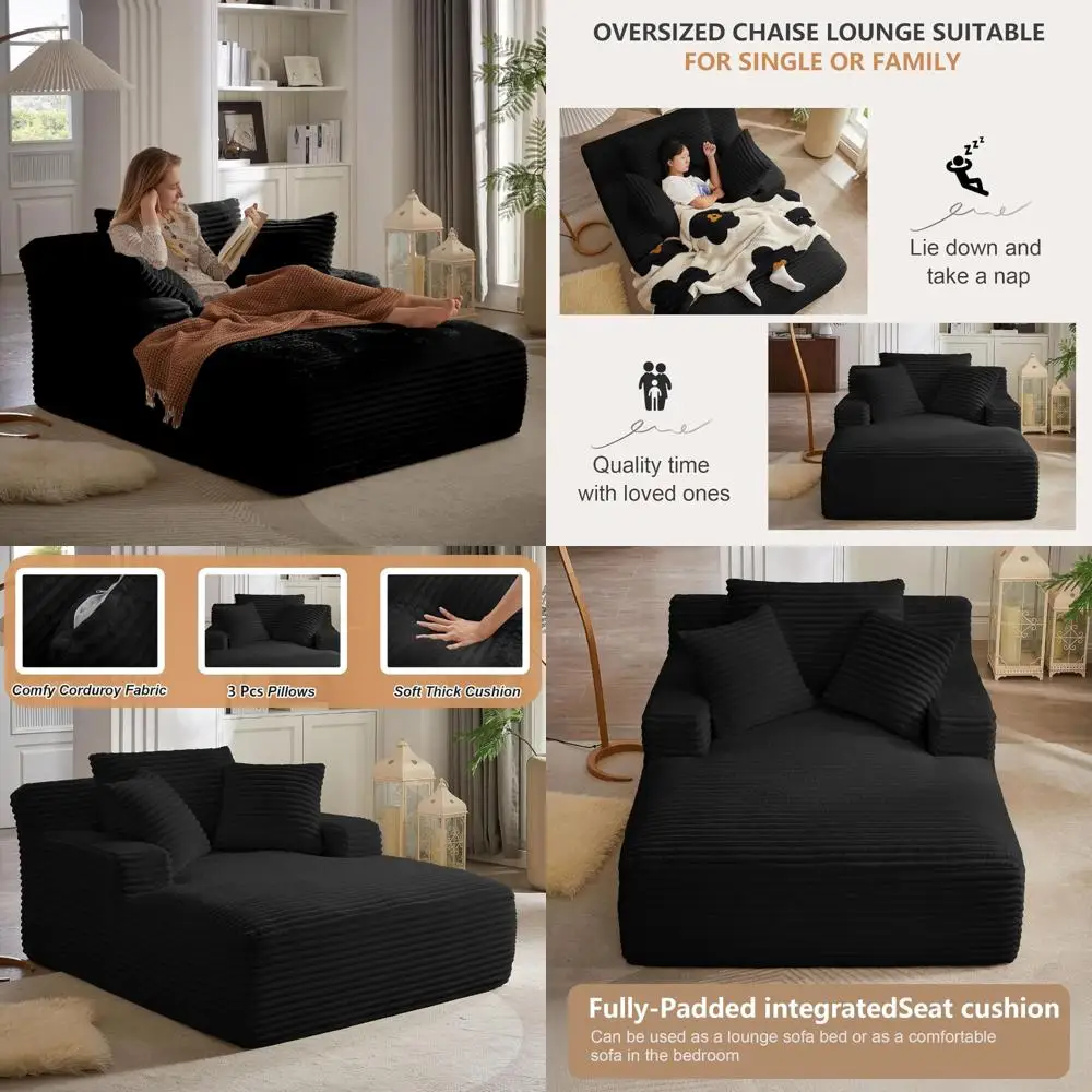 Oversized 49.2W Chaise Lounge Chair - Comfortable Corduroy Single Sofa with Upholstered Reading Lounge and Pillows