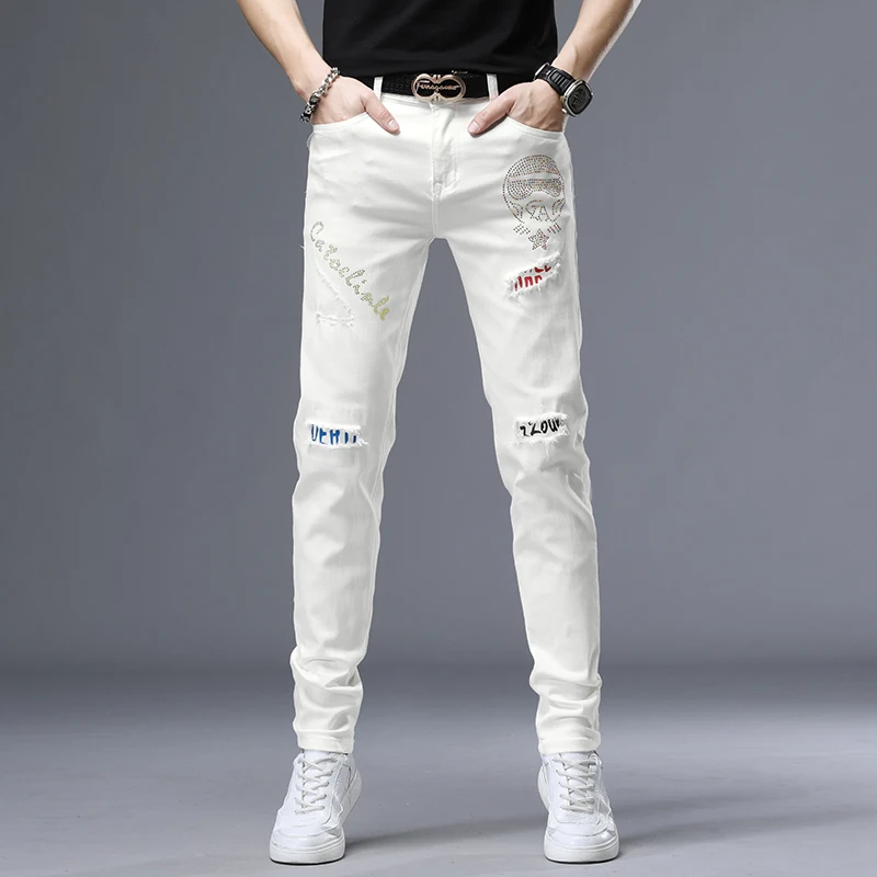 

Trendy Men's Slim Fit Jeans White Ripped Denim Pants Cotton Elastic Printed Diamond Straight Long Trousers Autumn Faion