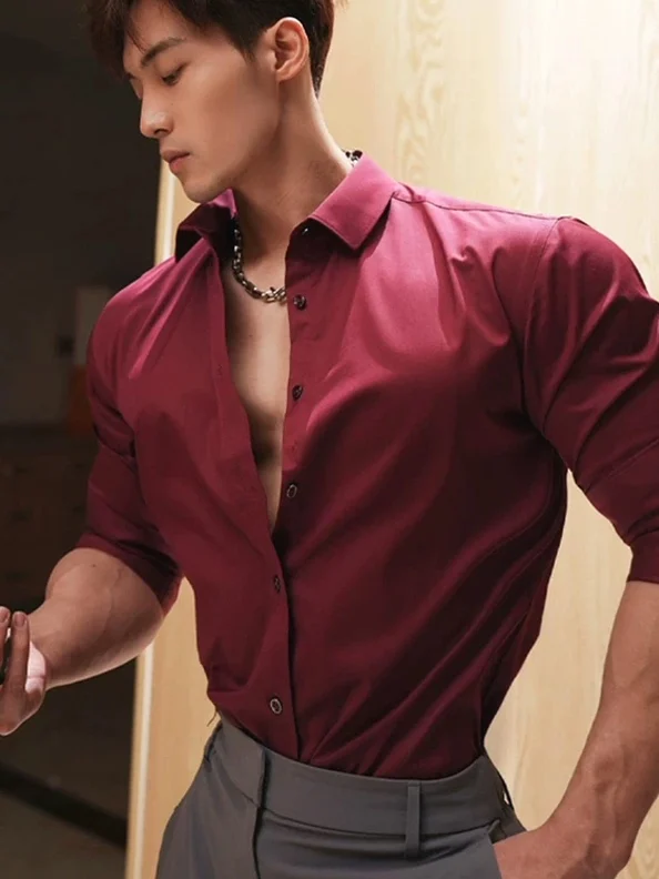 Red Wine Color Acetate Men's Slim Fit Long Sleeve Shirt Smooth Surface Fitness Trainer Fashion Casual Style Open Cardigan