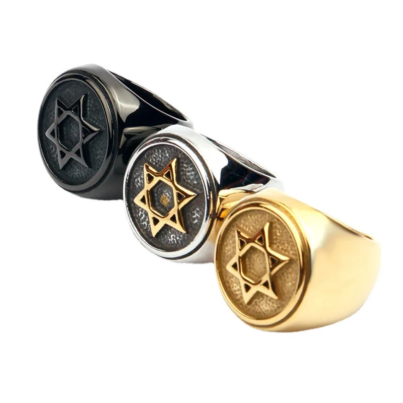 Jewish Star of David Male Ring Punk Rock Stainless Steel Hexagon Rings for Men Retro Jewelry Size 7-13