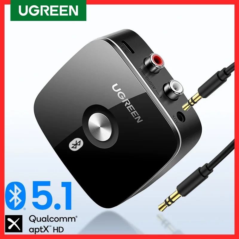 UGREEN 블루투스 RCA 리시버 5.1 aptX HD 3.5mm 잭 Aux 무선 어댑터, TV 차량용 음악 2RCA 오디오