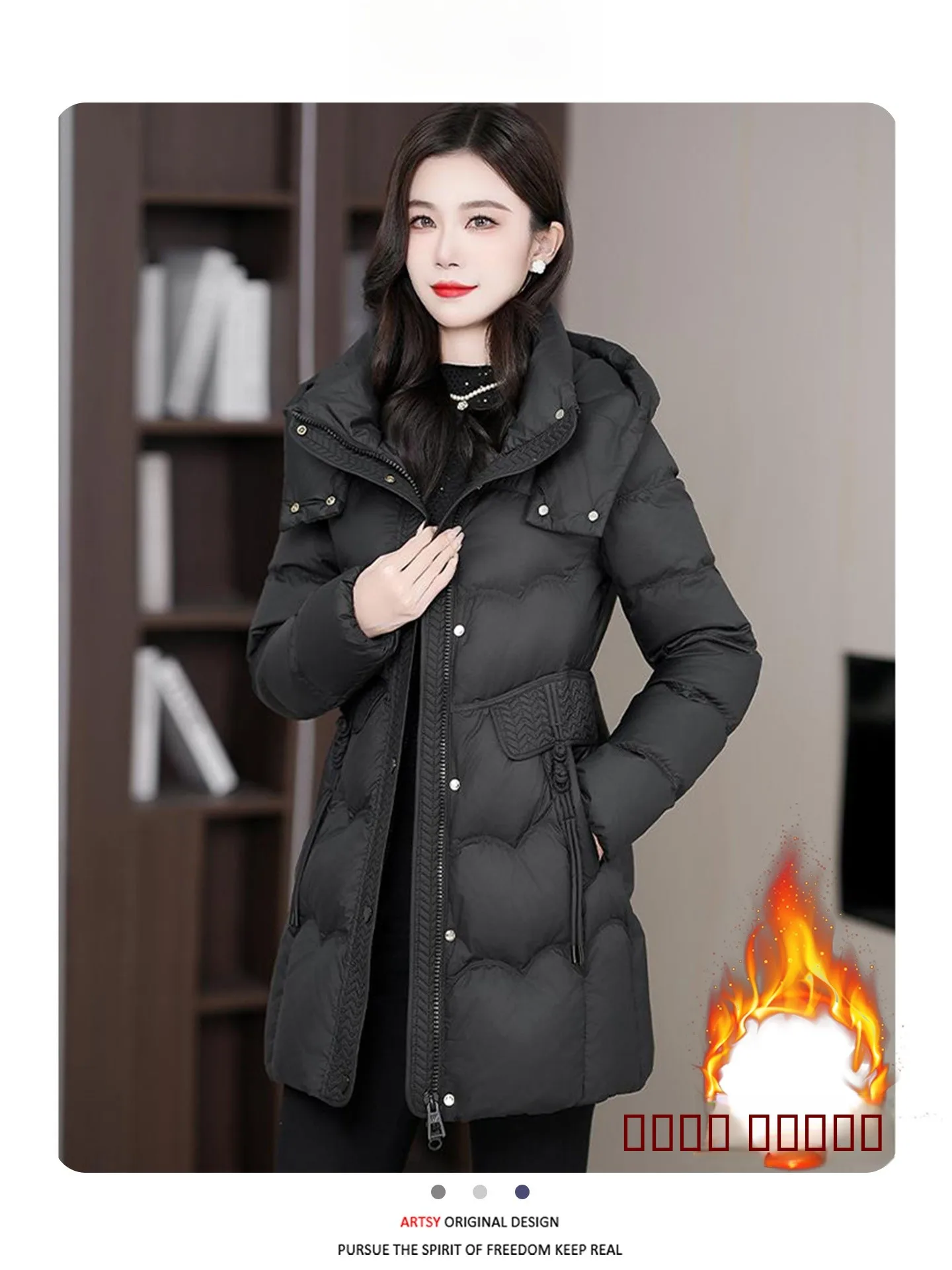 

Женская утепленная хлопковая куртка-пуховик с капюшоном, средней длины, приталенного кроя, универсальная, в корейском стиле, для повседневной носки, с длинными рукавами, на молнии, из чистого хлопка.