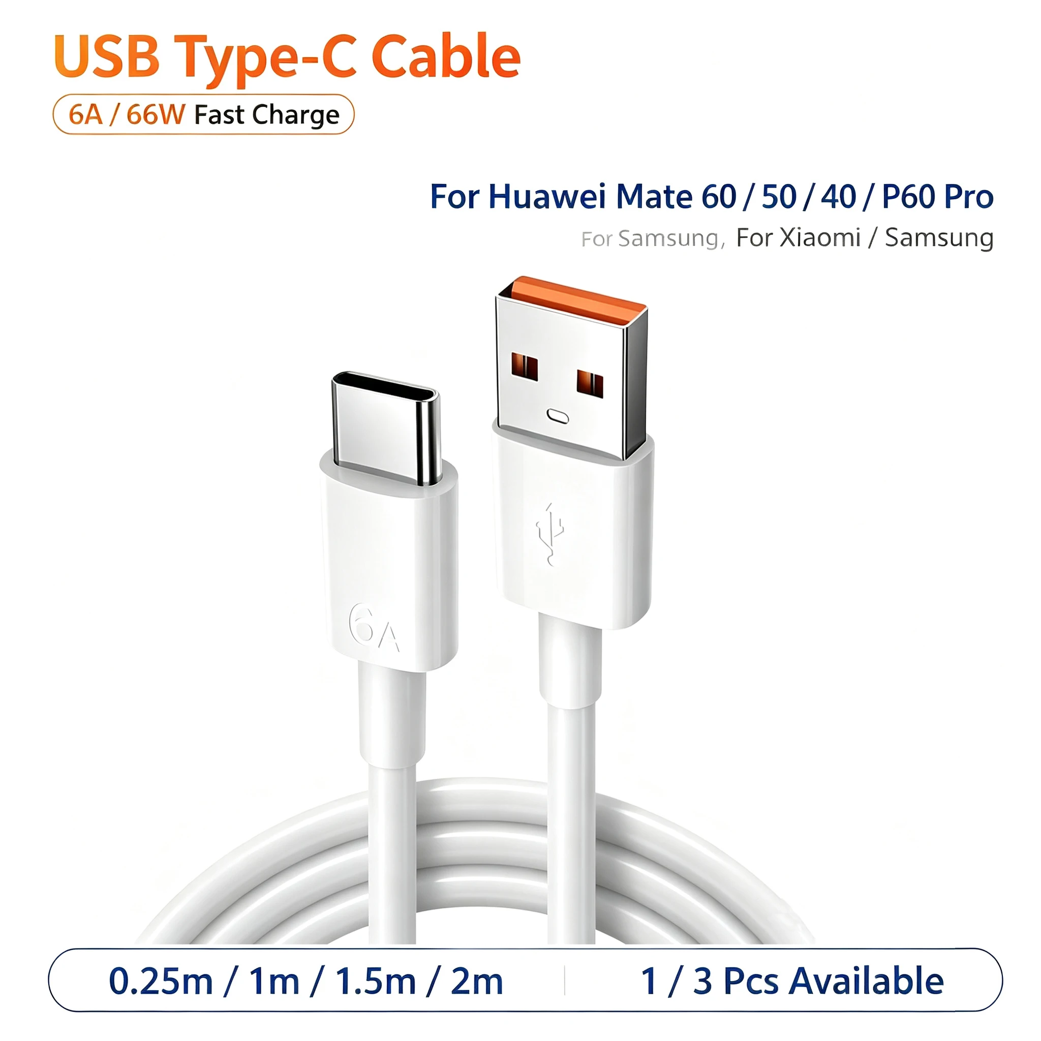 USB Type C Cable 1/3 Pcs 6A66W Fast Charge USB C Data Cord For Huawei Mate 60 50 40 P60 Pro Xiaomi Samsung 0.25m/1m/1.5m/2m Wire